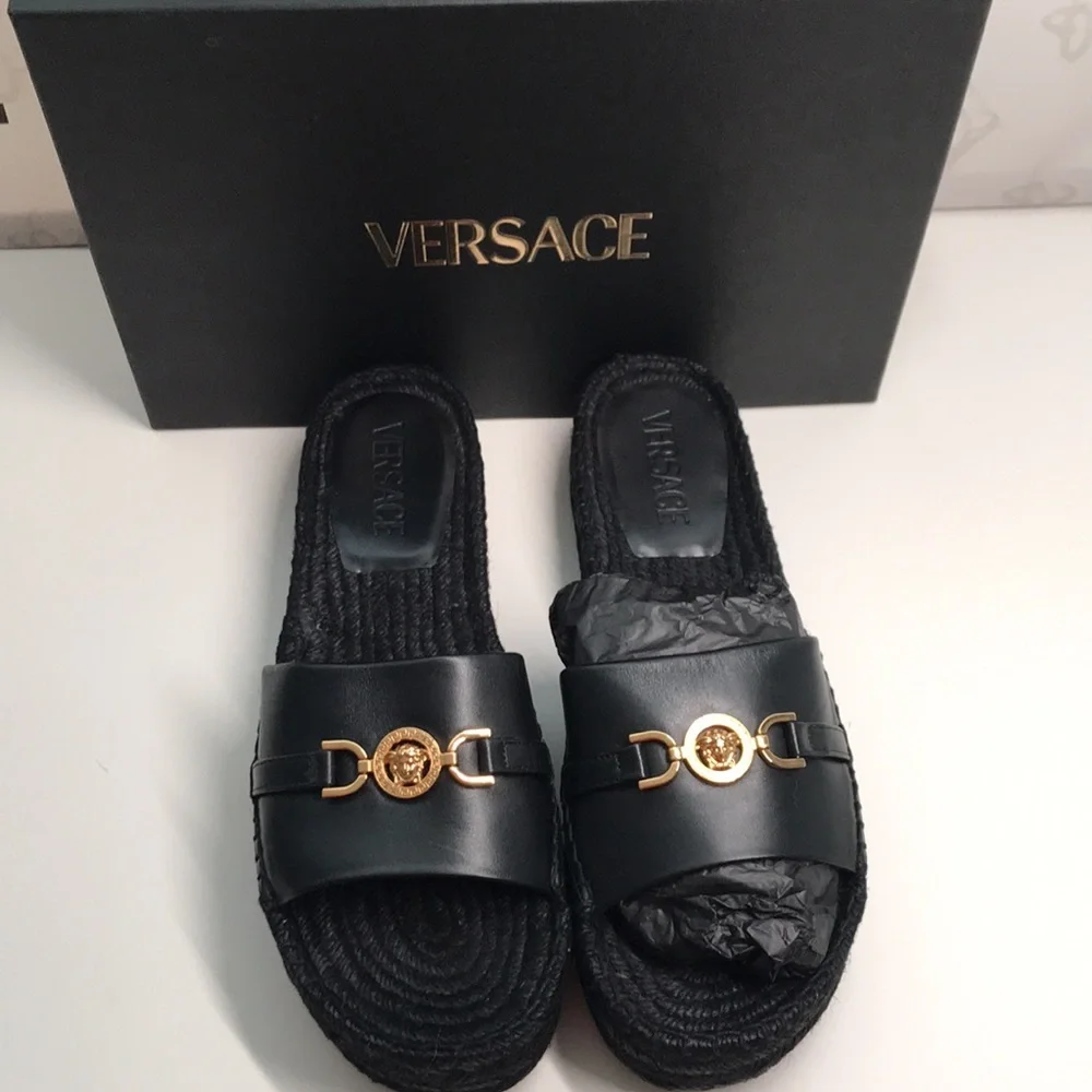 New Authentic Versace Summer Slides – Premium Leather, Gold-Tone Logo
